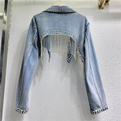 Diamonds Beaded Tassels Rivets Denim Jacket Retro High Waisted Crystal Fringed Backless Jeans Cowboy Coat