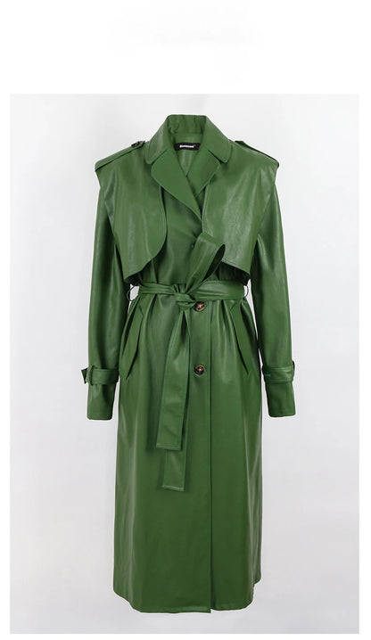 Long Green Pu Leather Trench Coat for Women with Back Slit Sashes Single Breasted