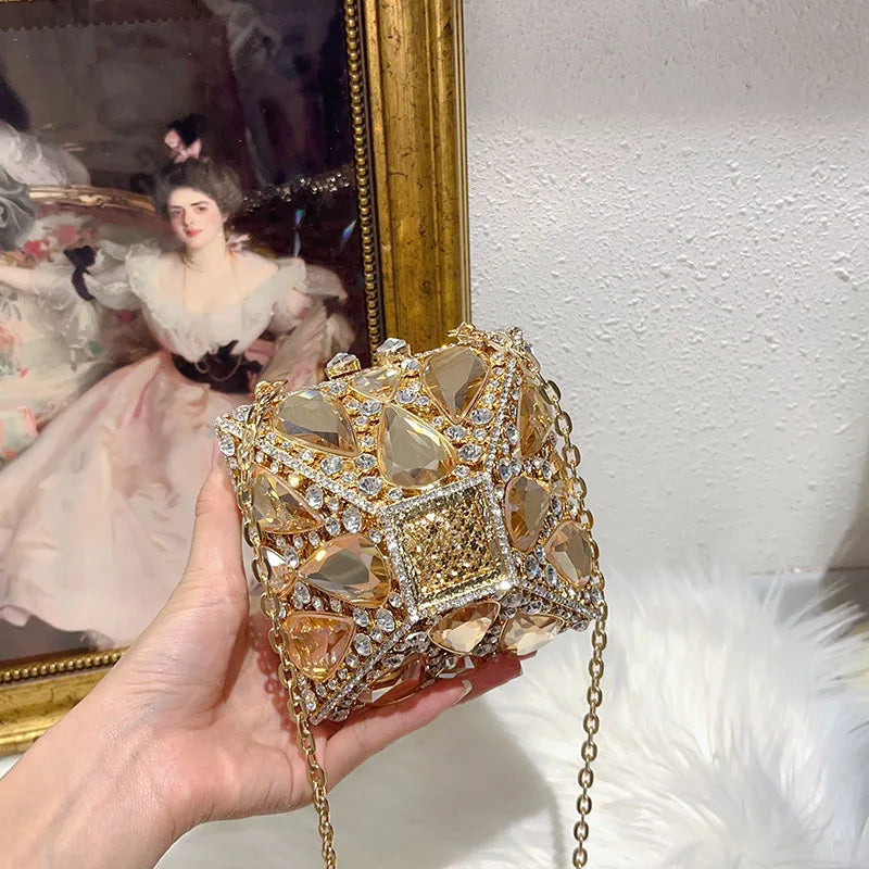Luxury Glitter Metal Box Women Handbag Crystal Clutch Purse
