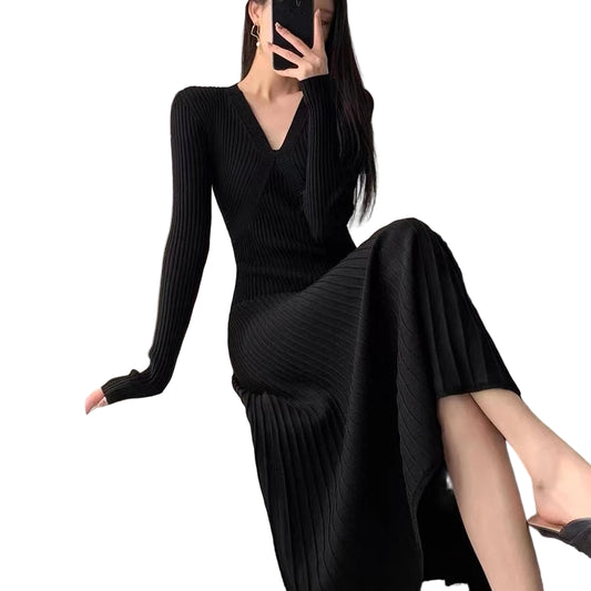 Women French Style A Line V Neck Knitted Sweater Dress Long Maxi Dress