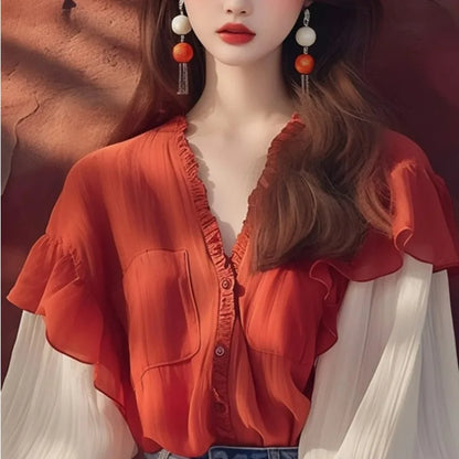 Chiffon Vintage Women's Shirts Patchwork Women Shirts Loose Long Sleeves Blouse