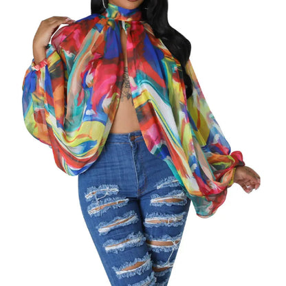 Womens Chiffon Blouse Sexy See Through Lantern Sleeve Front Back Open High Neck Blouses Tops