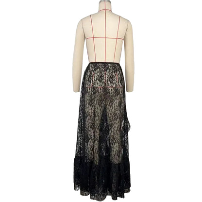 Lace Skirt Transparent Maxi Lace Skirts for Women Asymmetrical Ruffle Lace Skirt