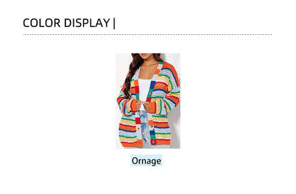 Plus Size Women's Rainbow Stripe Knit Crochet Cardigan Sweater