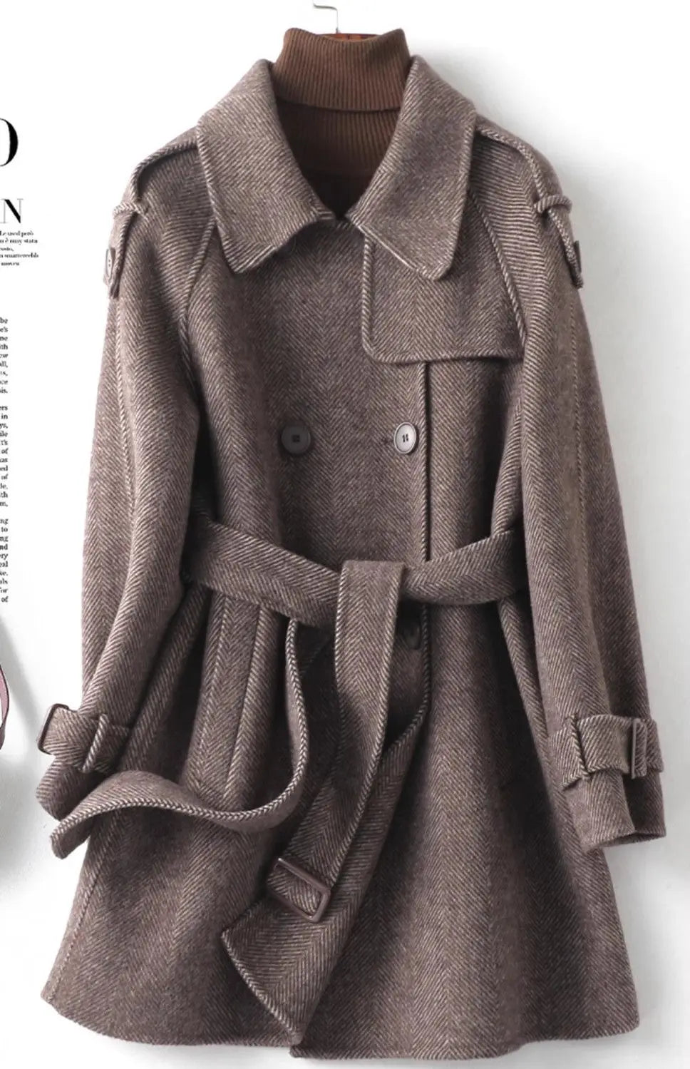Woolen Coat New British style POLO collar Lace up Double breasted Coat
