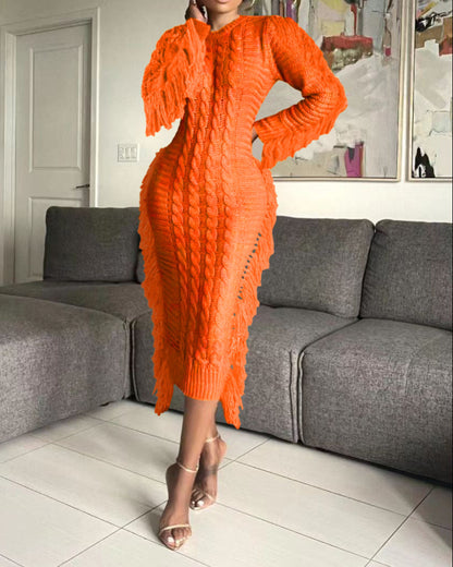 Women Long Sleeve Tassel Bodycon Midi Knit Dress O-neck Sweater Dress