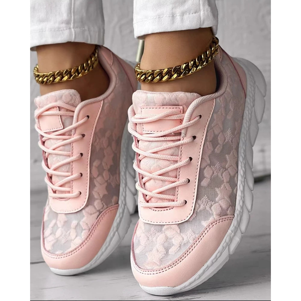Women Star Pattern Lace-up Breathable Sneakers Daily Casual Round Toe White Sports Shoes Running Shoes