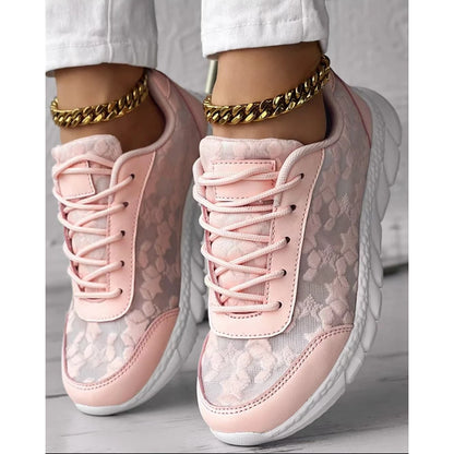 Women Star Pattern Lace-up Breathable Sneakers Daily Casual Round Toe White Sports Shoes Running Shoes
