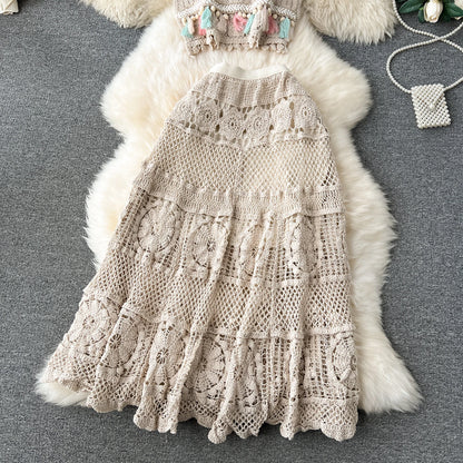 Bohemian Vintage Knit Two Piece Tank Tassels Crop Tops+Loose Hooked Hollow Out Skirt Beach Outfit