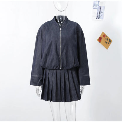 Denim Jacket Mini Skirt Women 2 Piece Set Stand Collar Zipper Long Sleeve Pocket Coat A-line Skirts