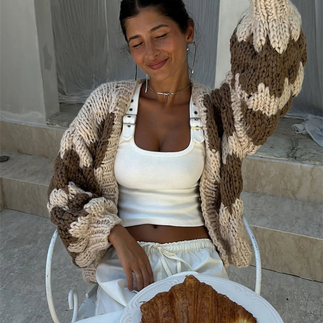 Vintage Lantern Sleeves Knitted Sweater Stripe Pattern Cropped Cardigans Y2K