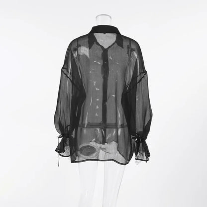 Sexy Transparent Shirt Women Blouse Loose Turn-down Collar Flare Sleeve Lace-up Shirt Top
