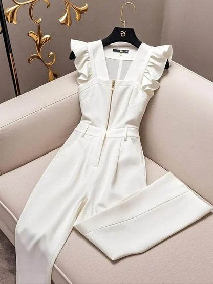 Oversized Luxury Temperament Jumpsuit Women Ruffles Sleeveless Elegant White Jumpsuit with Belt
