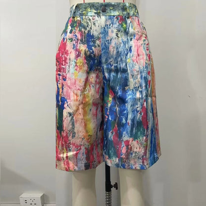Women's Pockets Graffiti Shorts Hot Casual Summer Shorts Mid Waist Short