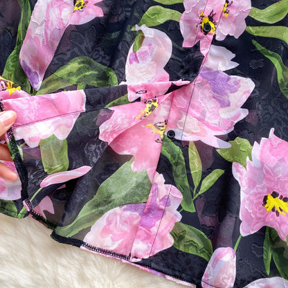 Floral Print Women Shirt Summer Lantern Sleeve Retro French Loose Blouse