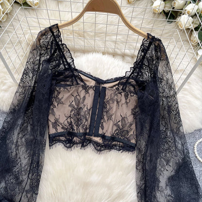 Lace Sexy Blouse Women Flare Sleeve Square Collar Embroidery Blouse High Quality Short Top