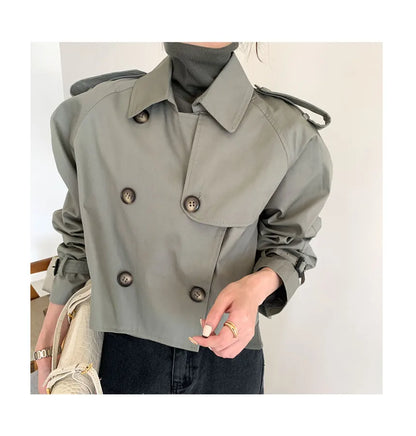 Vintage Double Breasted Crop Jacket Trench Jackets Women Loose Chic Windbreaker