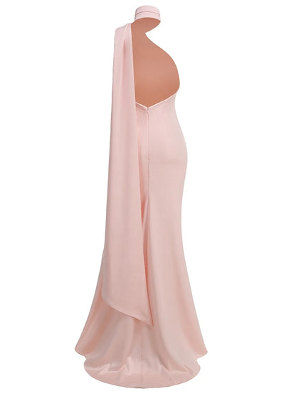 Bridesmaids Neck 3D Flower Backless Long Dress Women Purple Sleeveless Ribbon Draped Maxi Dress