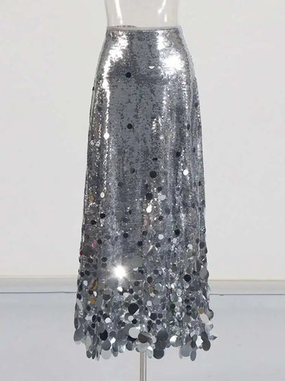 Solid Patchwork Sequins Chic Skirts For Women High Waist Zipper A Line Skirts