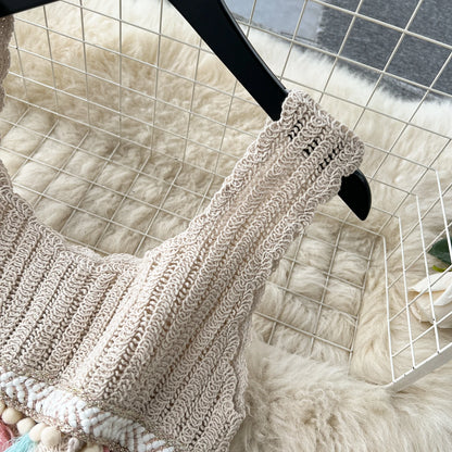 Bohemian Vintage Knit Two Piece Tank Tassels Crop Tops+Loose Hooked Hollow Out Skirt Beach Outfit