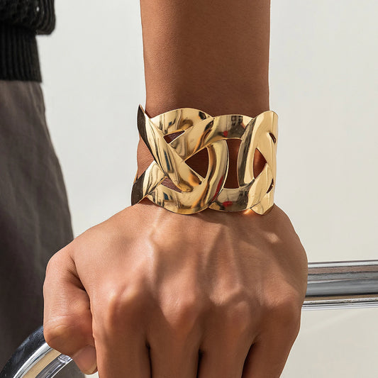 Punk Smooth Hollow Out Metal Wide Open Cuff Bangles for Women