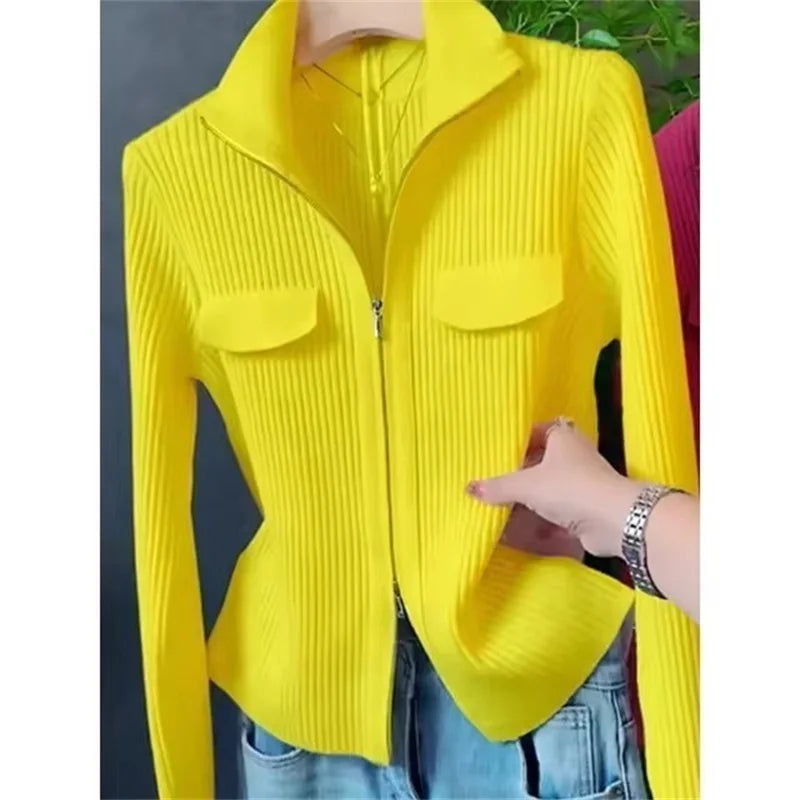 Women Knitted Sweater Cardigan Short Jacket Turn-Down Collar Knit Top