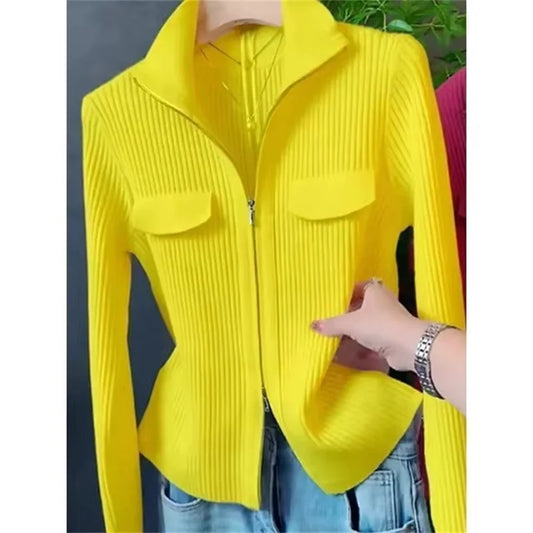 Women Knitted Sweater Cardigan Short Jacket Turn-Down Collar Knit Top