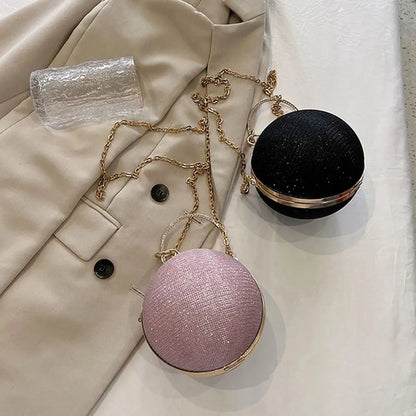 Gold Bright Silk Circular Evening Bag Women Banquet Clutch Rhinestone Chain Shoulder Bags