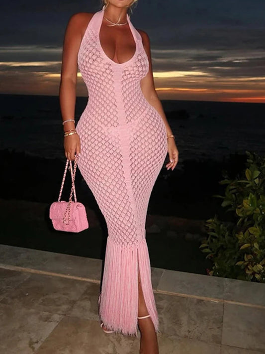 Sexy Deep V Neck Halter Tassel Women Knitted Long Bodycon Dress Maxi Dress