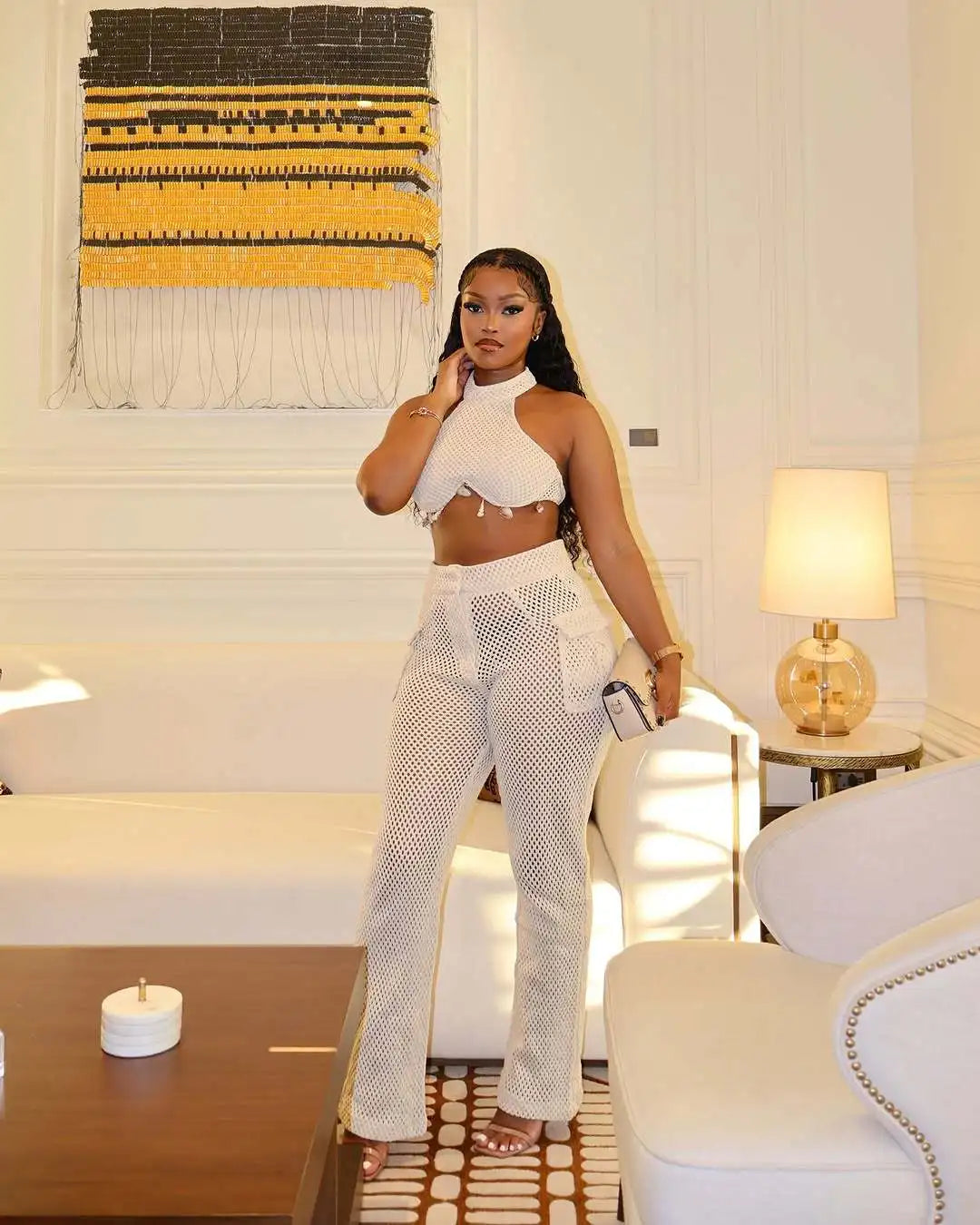 Women's Two Piece Solid Color Neck Hanging Skirt Top with Hollow Pocket Pants Set