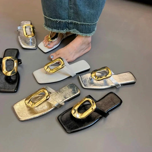 Large Size Women's Shoes Open-toed Flip-flops Flat Metal Buckle Sandals
