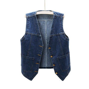 Woman Sleeveless Denim Vest V Neck Button Down Jacket V Neck Button Loose Ladies Vest