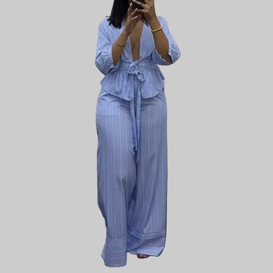 Women Striped Two Piece Set Lace Up Shirt Top and Pants Set