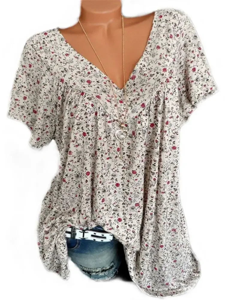 Loose Sleeveless Long Tank T-Shirt V-Neck Tops Floral Print Tees