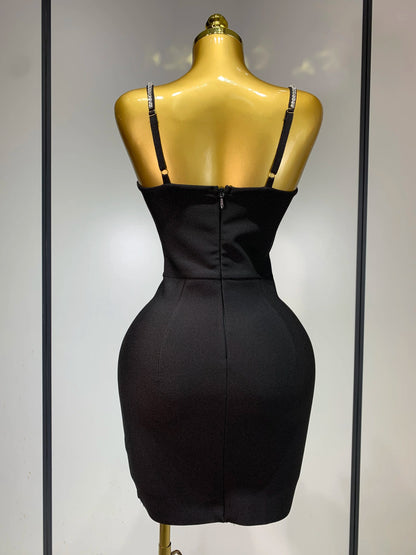 Women Celebrity Sexy V Neck Beading Black Mini Bodycon Bandage Dress