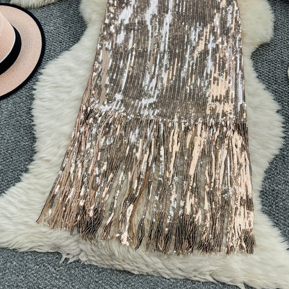 Women Chic Sequin tassel glitter Skirt High Waist Elegant Korean Fashion Skirt