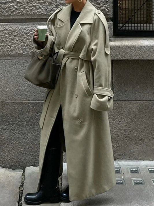 Urban Solid Double Breasted Long Women Coat Loose Full Sleeve Belt Double Breasted Jacket