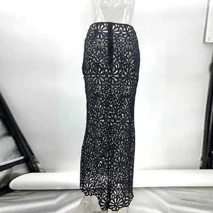 Summer Vacation See Through Crochet Top Women Set Hallow Out Flare Long Sleeve Skirts Set