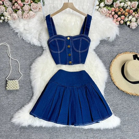 Denim Skirt Stets Two Pieces Sleeveless Tanks Top and Pleated Mini Skirt