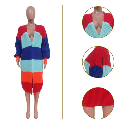 Elegant Women Knit Ribbed Cardigan Patchwork Long Sleeve Open Stitch Thick Sweater