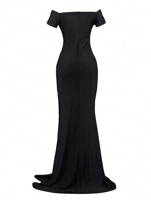 Classic High Slit Evening Dress Women Solid Maxi Bridesmaid Elegant Dress