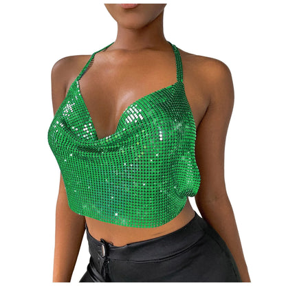 Sexy Sequins Metal Crop Tops Women Suspenders Halter Backless Night Club Tank Top