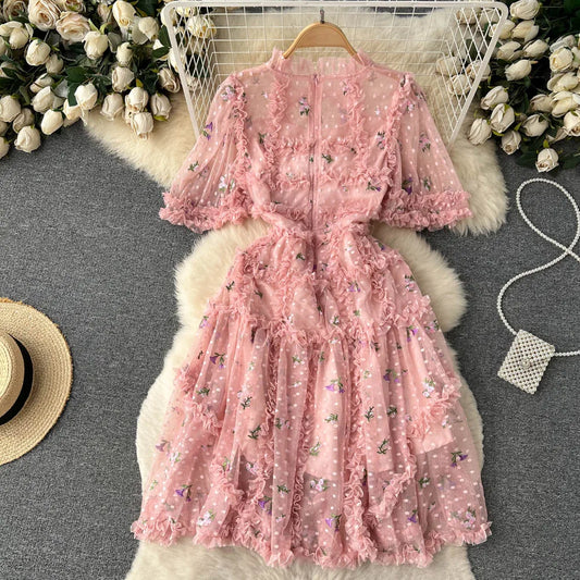 Runway Vintage Cascading Ruffles Flower Cake Dress Summer Mesh Embroidery Dress