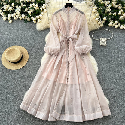 Elegant Lantern Sleeves Vintage Stand Collar Chic Single Breasted Rhinestone Bandage Slim High Street Long Dresses