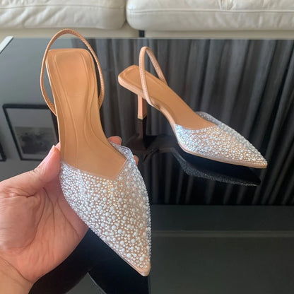 Women High Heels Pearl Decoration Slingback Pumps Pointed Toe High Heels
