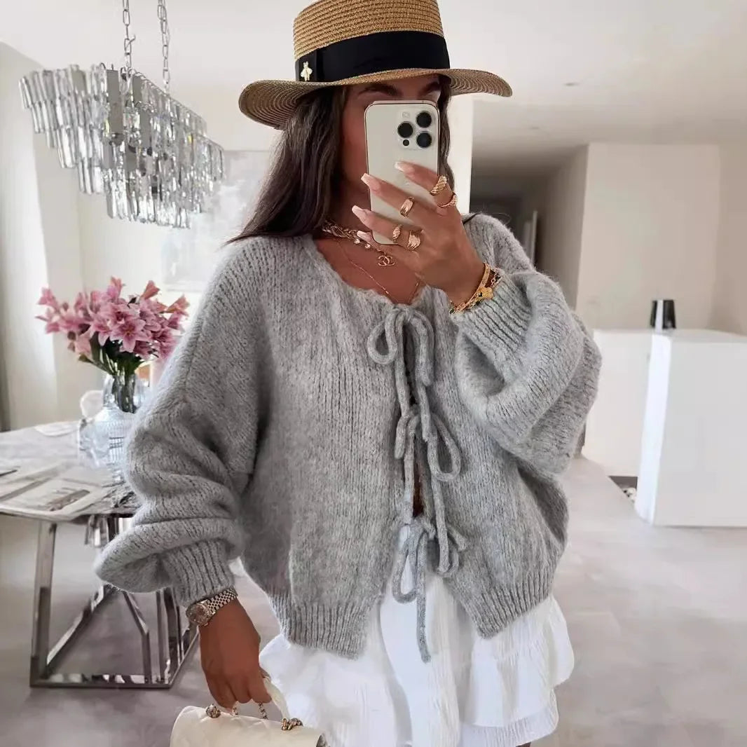 Elegant Knitted Cardigan Sweater Women's Lace up Cardigan
