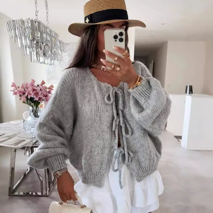 Elegant Knitted Cardigan Sweater Women's Lace up Cardigan