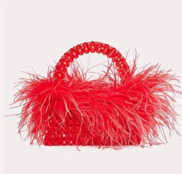 Pearl Bead Bag With Feather Fur Designer Brand Clear Acrylic Crystal Handbag Handmade