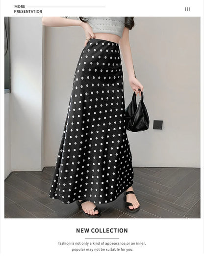 Polka Dot Satin Skirt Women's High Waist Versatile Elegant Dot Long Skirt