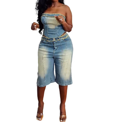 Cowboy 2 Piece Set Women Vintage Hipster Wrap Zip Backless Tube Tops+Button Straight Shorts Sexy Summer Matching Set